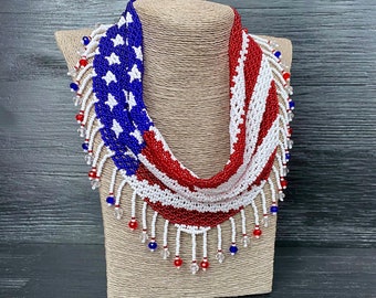 American flag netted bead scarf fringe necklace jewelry Detachable collar choker necklace Removable bib collar beadwork art necklace