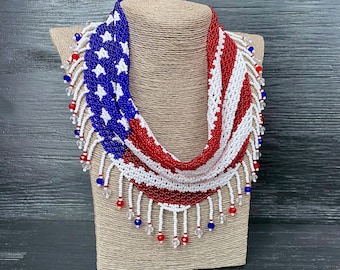 American Flag Beaded Scarf Necklace: Detachable Bib Collar Jewelry