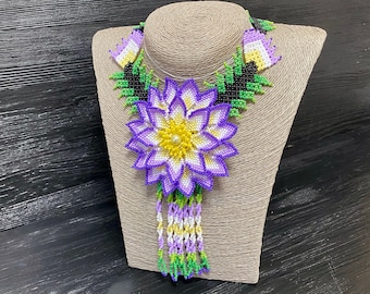 Huichol Lotus Flower Necklace: Beaded Blossom Tassel Jewelry