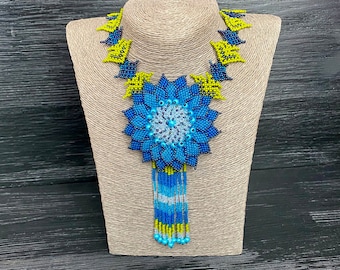 Huichol Art Style Beaded Flower Necklace: Blue Blossom Jewelry