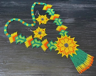 Huichol Sunflower Necklace and Earrings: Seed Bead Flower Jewelry Set