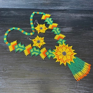 Huichol art ethnic style sunflower beadwork earrings and necklace Seed bead flower girl necklace and earrings