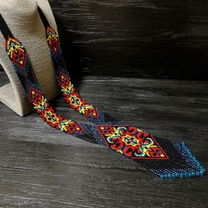 Long huichol art colorful geometric beadwork tassel necklace boho jewelry Seed bead necklace ukrainian art jewelry