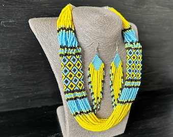Ukrainian flag colors seed bead jewelry set Ukrainian style handmade crafted set necklace and earrings
