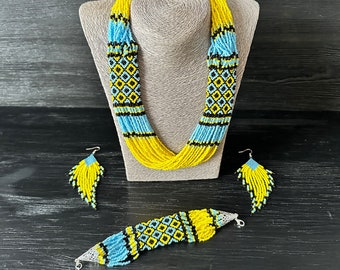 Ukrainian flag colors seed bead jewelry set Ukrainian style handmade crafted set necklace bracelet and earrings