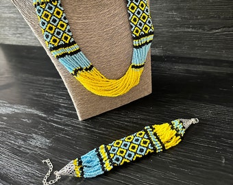 Ukrainian flag colors seed bead jewelry set Ukrainian style handmade crafted set necklace and bracelet