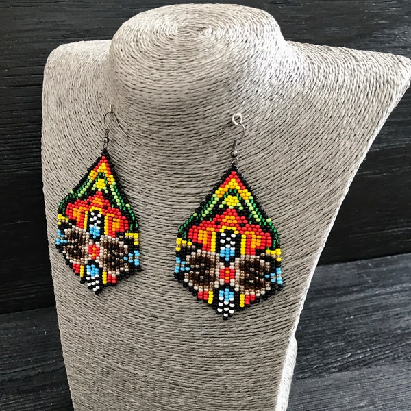 Elegant geometric huichol art beadwork earrings wife jewelry idea Summer hippie long tassel seed bead mexican folk art tribal earrings