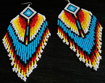Huichol Art Seed Bead Earrings: Long Tassel Crochet Boho Jewelry