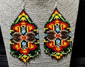 Boucles d'oreilles perlées d'art huichol : boucles d'oreilles à pampilles géométriques en perles de rocaille
