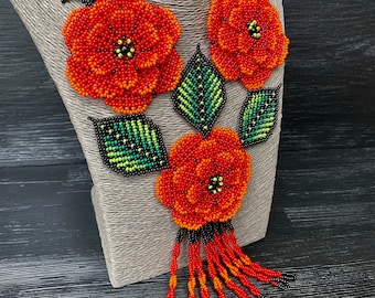Huichol Beaded Flower Necklace: Red Blossom, Long Tassel Jewelry