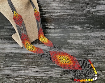 Huichol Art Seed Bead Tassel Necklace: Geometric Boho Jewelry