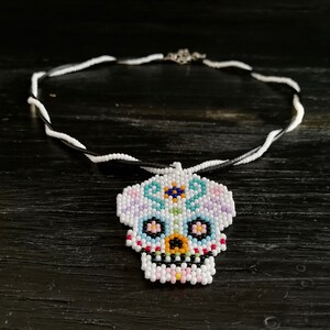 Human sugar skull beadwork art pendant necklace jewelry Happy halloween skeleton art beadwork pendant necklace