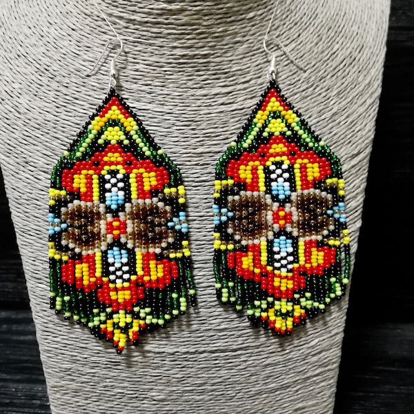 Elegant geometric huichol art beadwork earrings wife jewelry idea Summer hippie long tassel seed bead mexican folk art tribal earrings