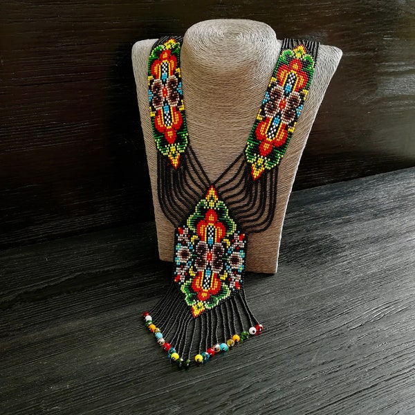 Long huichol art colorful geometric beadwork tassel necklace boho jewelry Seed bead necklace ukrainian art jewelry