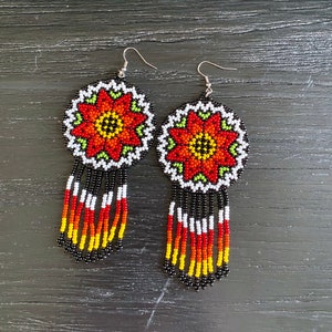 Huichol Beaded Earrings: Mexican Amulet, Long Fringe