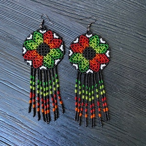 Authentic protection amulet seed bead long fringe earrings. Mexican huichol style beadwork art earrings jewelry