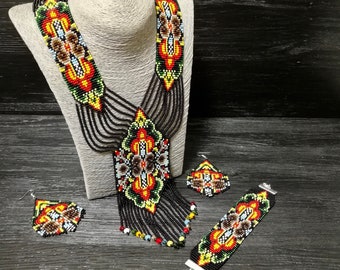 Huichol Perlenkunst bunte Geometriy Schmuck Set Halskette Ohrringe und Armband ethnische Perlenwerk Set Xmas Geschenk für Sie