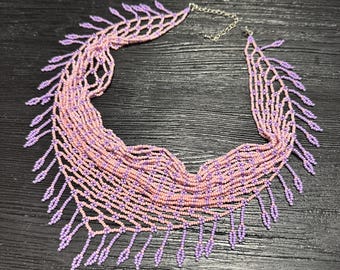 Pink and purple Seed Bead Scarf Necklace: Detachable Fringe Collar