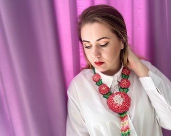 Huichol Beaded Flower Necklace: Pink Blossom Girl's Jewelry