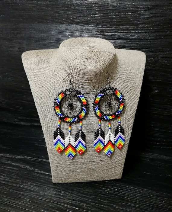 Huichol art multicolor beadwork extra long earrings ethnic | Etsy