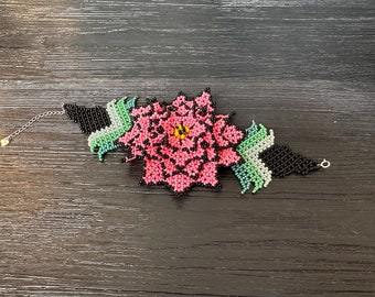 Pink Rose Huichol Beaded Bracelet: Ethnic Floral Jewelry