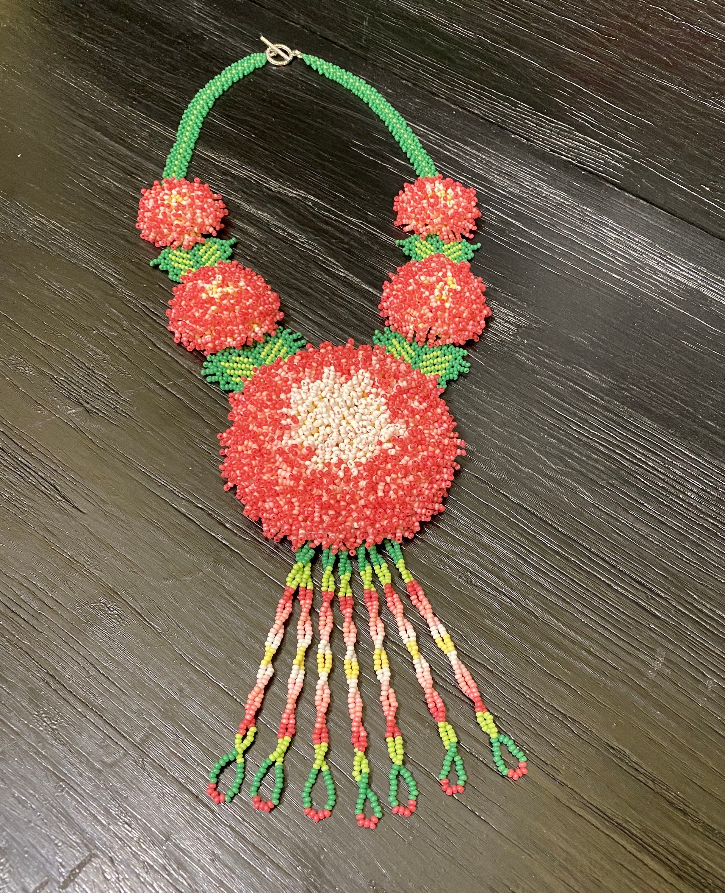 Huichol art style beadwork pink albition flower girl necklace | Etsy