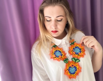 Huichol Art Flower Necklace: Colorful Seed Bead Festival Jewelry