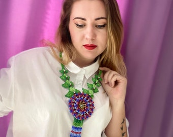 Huichol Beaded Flower Necklace: Red Blue Blossom Jewelry