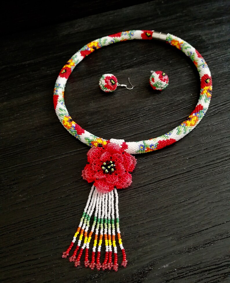 Red Poppy and Sunflower Seed Bead Crochet Rope Necklace Etsy