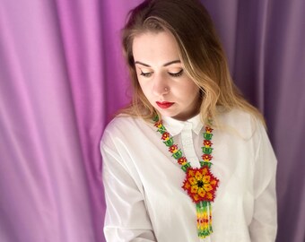 Huichol Beaded Flower Necklace: Red & Yellow Blossom Jewelry