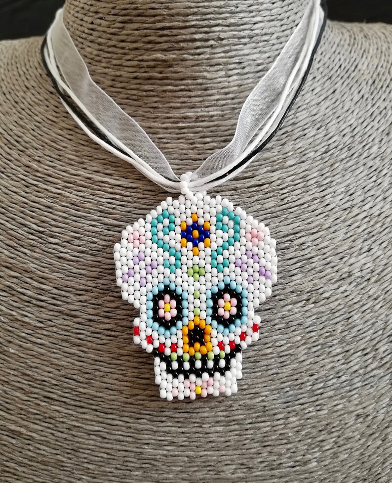 Human Sugar Skull Beadwork Art Pendant Necklace Jewelry Happy Etsy