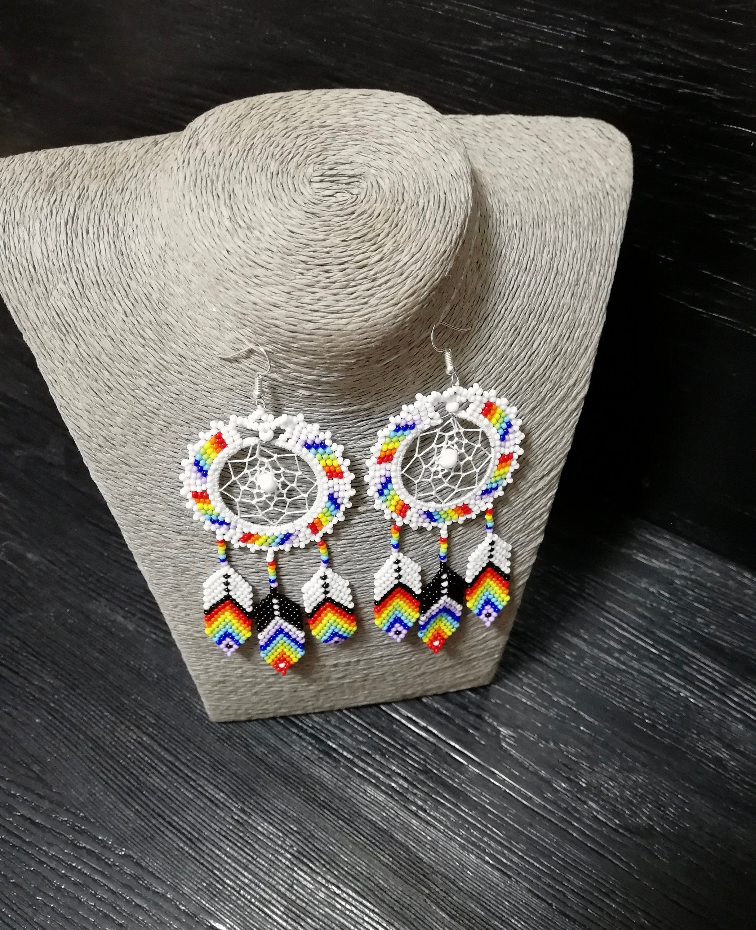 Huichol art multicolor beadwork extra long earrings ethnic | Etsy