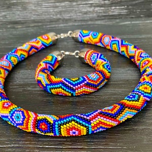 Boho Seed Bead Crochet Choker Necklace and Bracelet: Colorful Geometric Jewelry