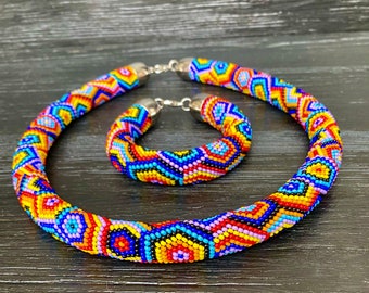 Boho Seed Bead Crochet Choker Necklace and Bracelet: Colorful Geometric Jewelry