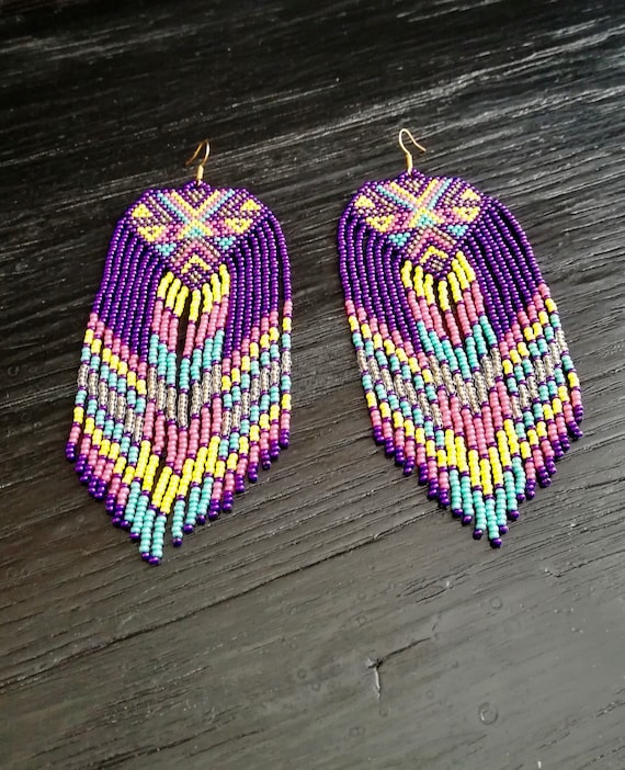 Huichol Art Seed Bead Earrings: Purple Crochet Tassel Boho Jewelry