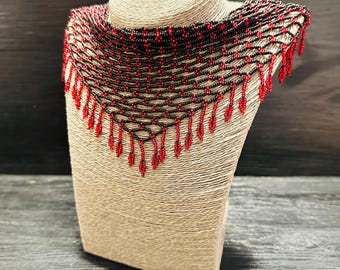 Red and black Seed Bead Scarf Necklace: Detachable Fringe Collar