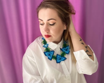 Huichol Art Blue Beaded Flower Necklace: Blossom Jewelry