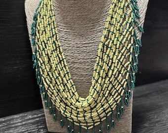 Yellow and green Seed Bead Scarf Necklace: Detachable Fringe Collar