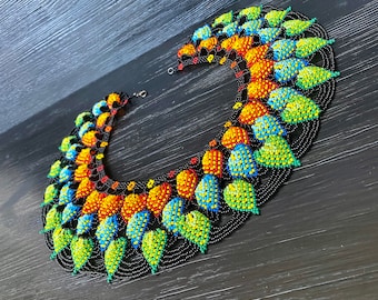 Huichol Art Beaded Collar: Multicolor Seed Bead Detachable Necklace