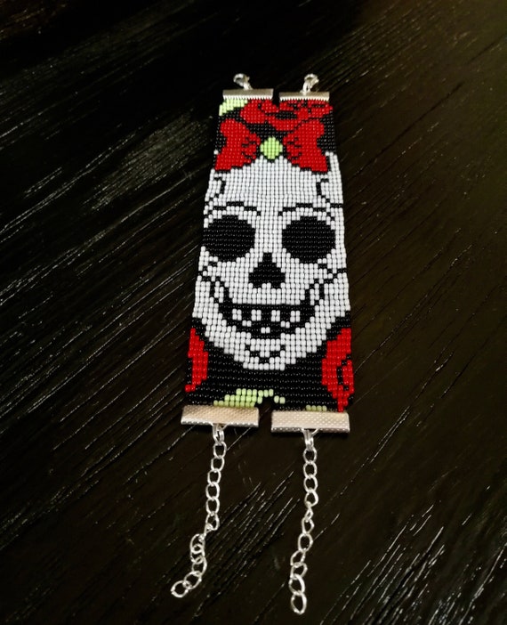 Gothic Style Sugar Skull Seed Bead Bracelet Gift Idea Jewelry