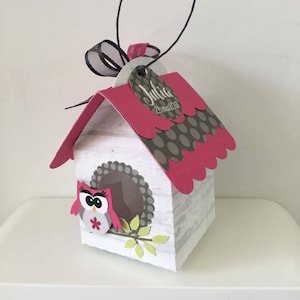 boite à dragées nichoir hibou chouette fuchia et gris