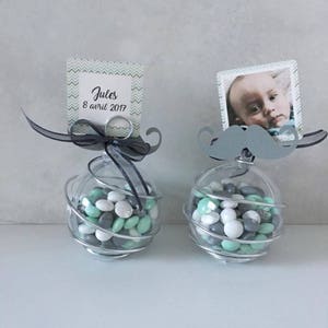 10x Boule plexi fil alu pour dragées baptême communion - Thème moustache - étiquette et photo personnalisés