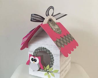 Boite à dragées nichoir hibou fille fuchsia et gris