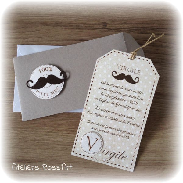 10 Invitation baptême communion - Thème moustache