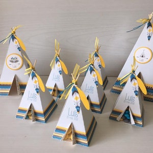 3 Boites à dragées Tipi déco thème plume et raton - Baptême garçon