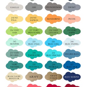 May include: A color chart with 36 different paint colors, each color is represented by a cloud shape with a number and a French name. The colors range from white to black, with shades of gray, brown, yellow, green, blue, red, pink, purple, and orange.