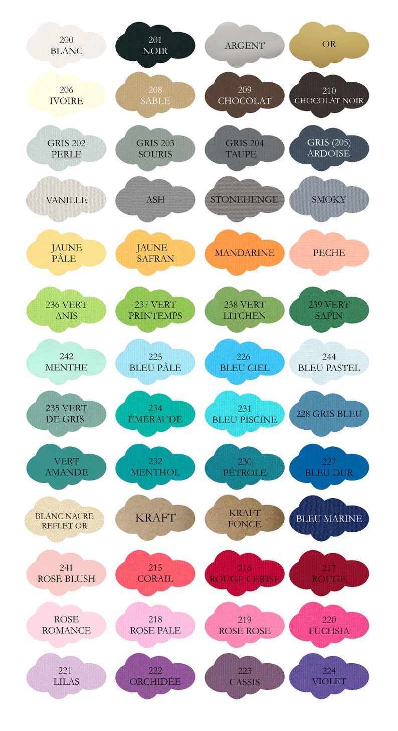 May include: A color chart with 36 different paint colors, each color is represented by a cloud shape with a number and a French name. The colors range from white to black, with shades of gray, brown, yellow, green, blue, red, pink, purple, and orange.