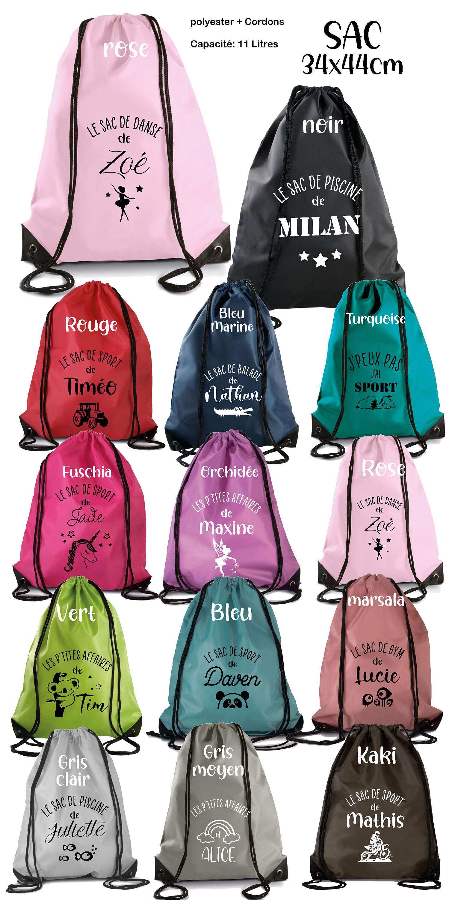 2 Sacs à Cordon Oxford Noir 41x34cm - Sac Piscine, Sport, Gym, école, Plage, Grande Capacité