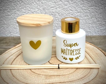 kit cadeau PETIT Diffuseur rond + Bougie parfumée pour: fin d'année - Noël - MERCI nounou, maîtresse, instit, ATSEM, marraine, mamie