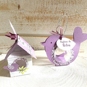 3 contenants à dragées - boite oiseau avec boule plexi / baptême - communion - mariage / liberty mauve + étiquette personnalisée prénom date